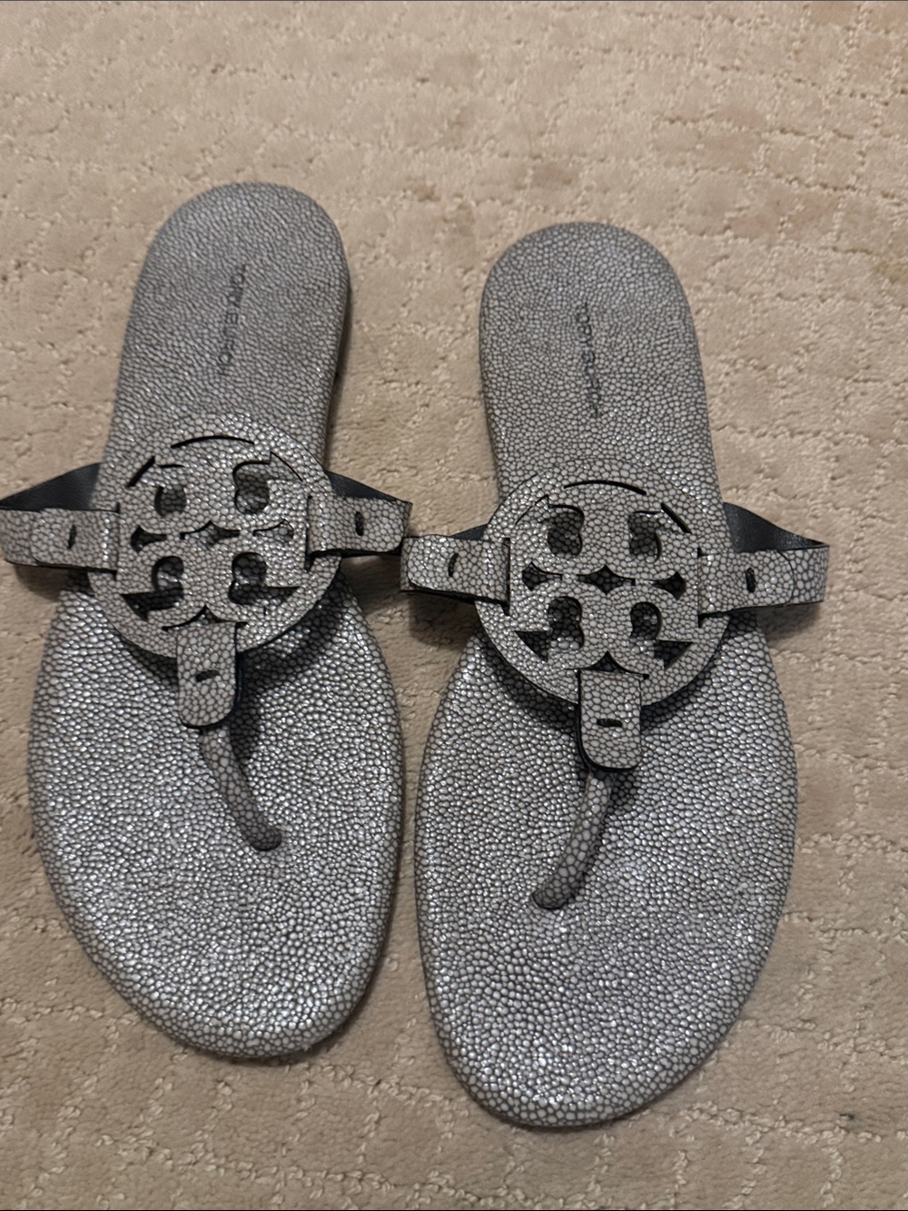 Tory Burch Gray Pebble Textured Miller Sandals 9